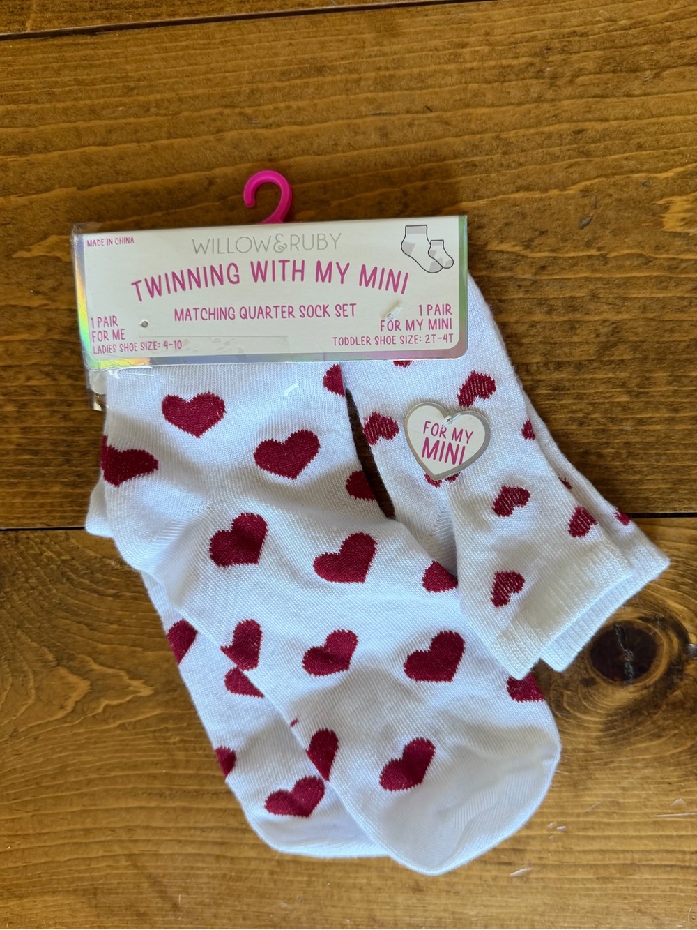 White Socks with Red Heart Pattern - Matching Quarter Sock Set for mom and child